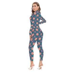 Woman wearing the Teal Mosaic Print Long Sleeve High-Neck Jumpsuit by Creamy Cougar