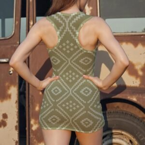 Back view of women's olive diamond print sheer mesh bodycon dress by Creamy Cougar