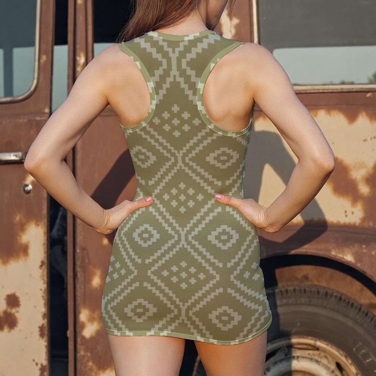 Olive Diamond Print Sheer Mesh Bodycon Dress