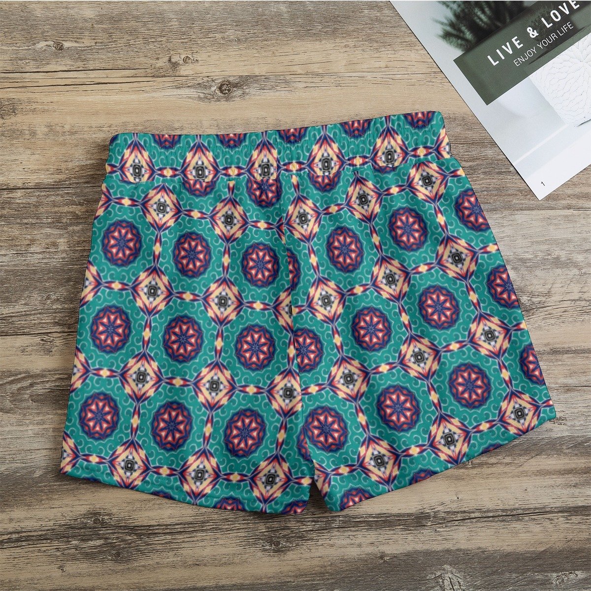 Emerald Teal Tile Print Casual Shorts by Creamy Cougar, view 3