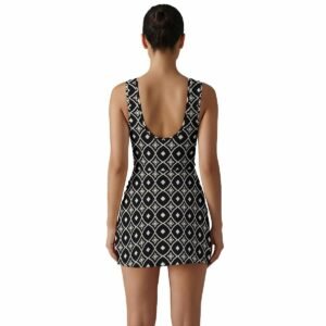 Woman wearing the Black & White Tile Print Sleeveless Bodycon Mini Dress by Creamy Cougar