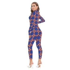 Woman wearing the Indigo Starburst Print Long Sleeve High-Neck Jumpsuit by Creamy Cougar