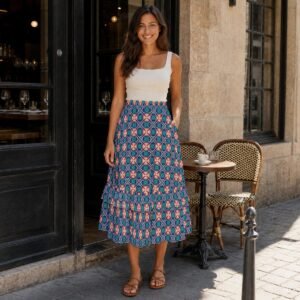 325888-965eee60-e53c-4c56-9b3c-4ae174305ba9.jpg Slate Coral Tile Print Tiered Ruffle Maxi Skirt by Creamy Cougar, view 2