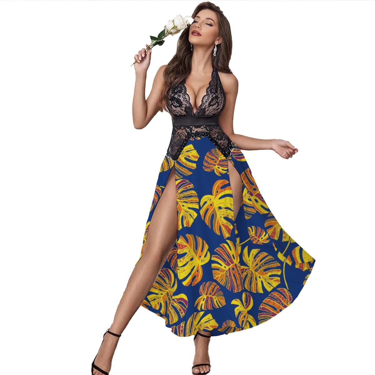 Tropical Leaf Print Mesh Lace Maxi Evening Dress – view 4
