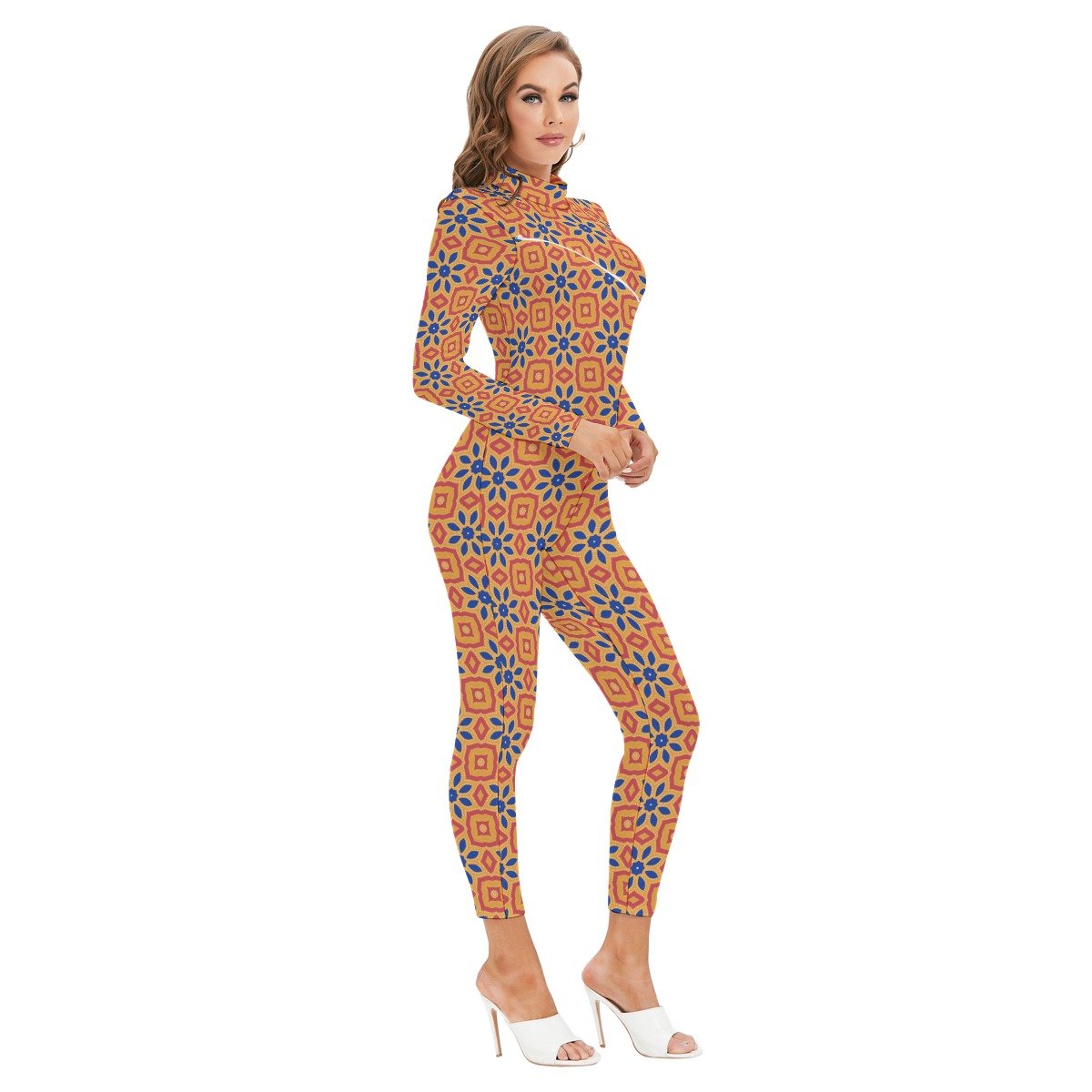 Copper Tile Print Long Sleeve High-Neck Jumpsuit by Creamy Cougar, view 2