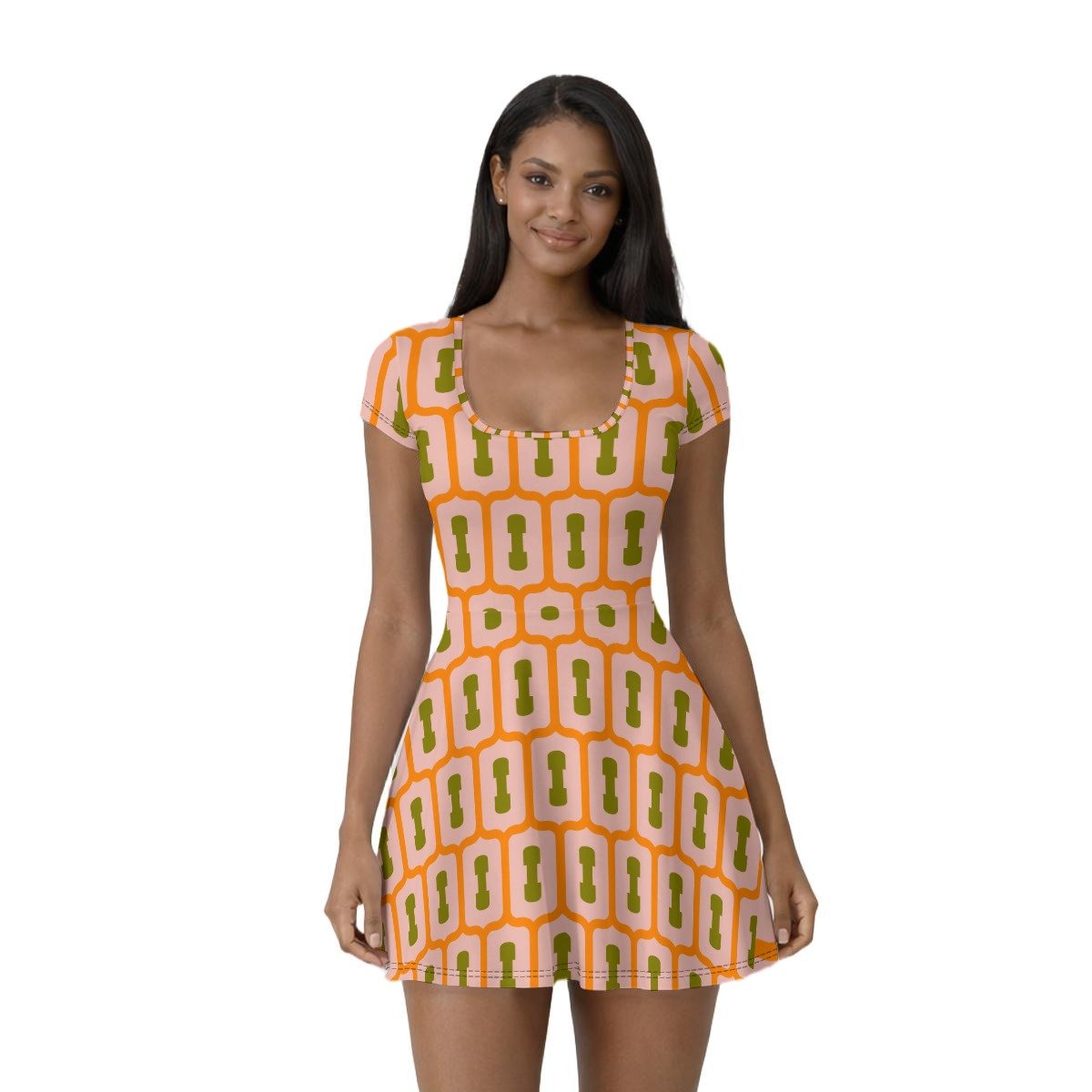 Women's orange mosaic print athletic dress with built-in shorts by Creamy Cougar