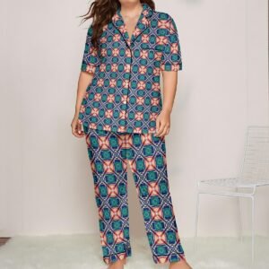 325888-a288b1da-4d36-40b9-8da5-259a6bcbaa86.jpg Woman wearing the Teal Coral Medallion Print Satin Pajama Set by Creamy Cougar