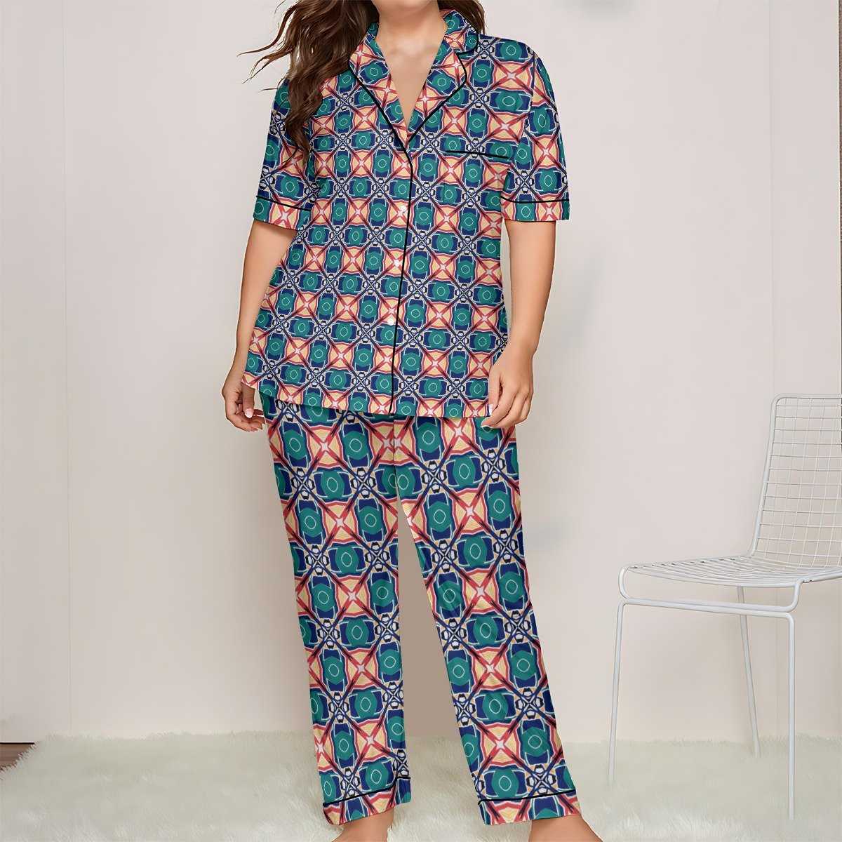 Woman wearing the Teal Coral Medallion Print Satin Pajama Set by Creamy Cougar