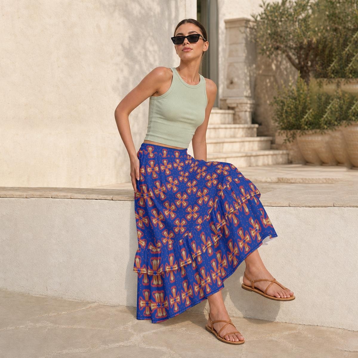Woman wearing the Copper Medallion Print Tiered Ruffle Maxi Skirt by Creamy Cougar