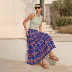 325888-a90a3e7f-8dfa-42d8-826b-586b730901ab.jpg Woman wearing the Cobalt Coral Medallion Print Tiered Ruffle Maxi Skirt by Creamy Cougar