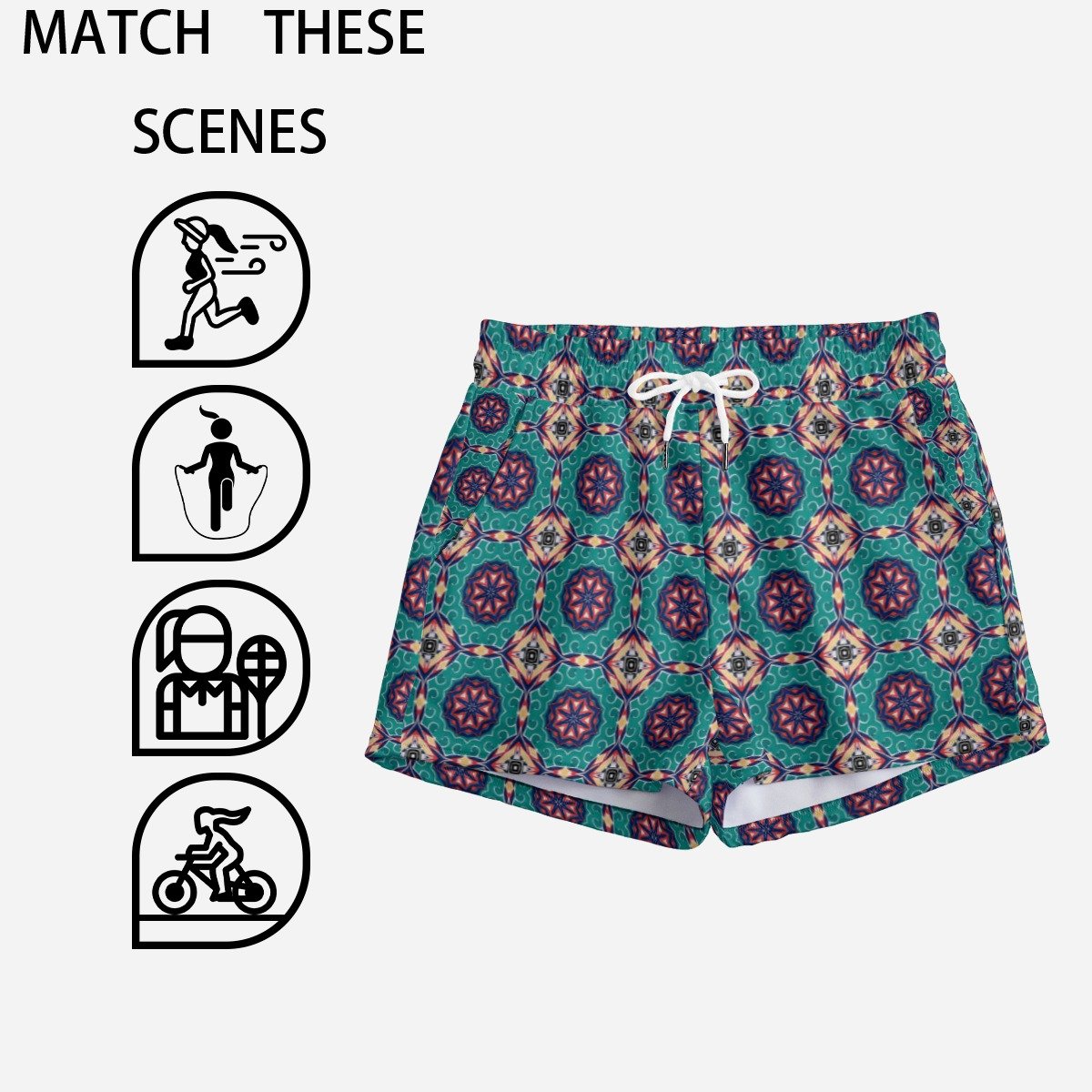 Emerald Teal Tile Print Casual Shorts by Creamy Cougar, view 2