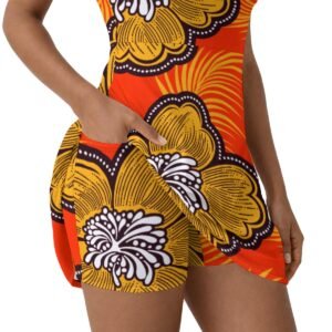 Women's orange african floral print athletic dress with built-in shorts by Creamy Cougar