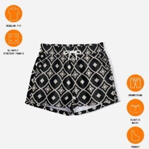 Woman wearing the Black & White Diamond Tile Print Casual Shorts by Creamy Cougar