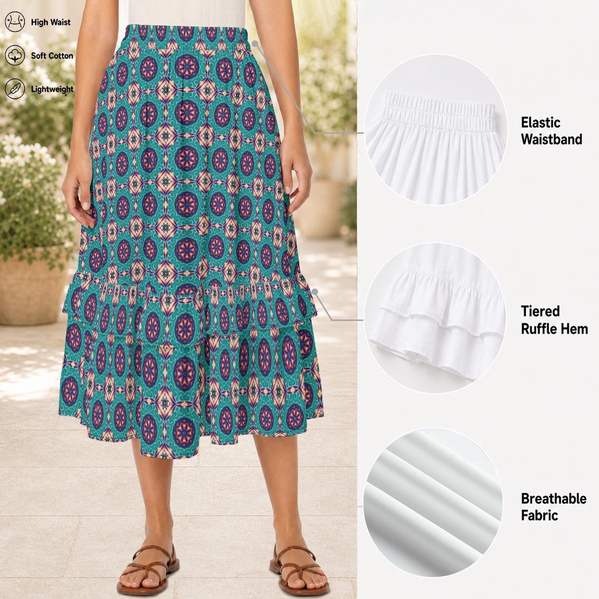 Teal Medallion Print Tiered Ruffle Maxi Skirt by Creamy Cougar, view 5