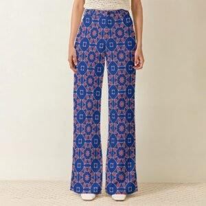 Woman wearing the Cobalt Kaleidoscope Print Wide Leg Pants by Creamy Cougar