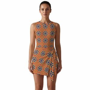 Woman wearing the Amber Starburst Print Sleeveless Bodycon Mini Dress by Creamy Cougar