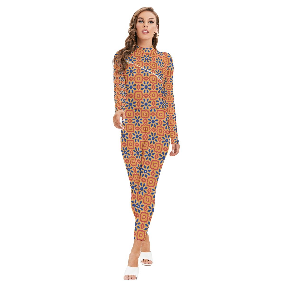 Copper Tile Print Long Sleeve High-Neck Jumpsuit by Creamy Cougar, view 4