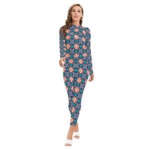 Woman wearing the Teal Coral Medallion Print Long Sleeve High-Neck Jumpsuit by Creamy Cougar