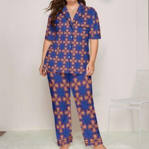 Woman wearing the Cobalt Coral Medallion Print Satin Pajama Set by Creamy Cougar