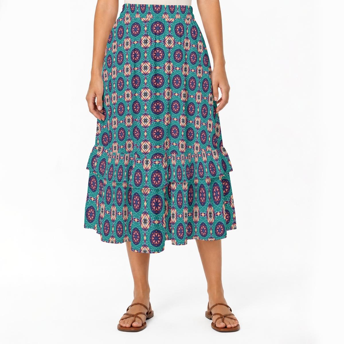 Teal Medallion Print Tiered Ruffle Maxi Skirt by Creamy Cougar, view 3