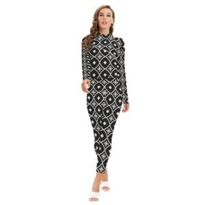 Woman wearing the Black & White Diamond Print Long Sleeve High-Neck Jumpsuit by Creamy Cougar