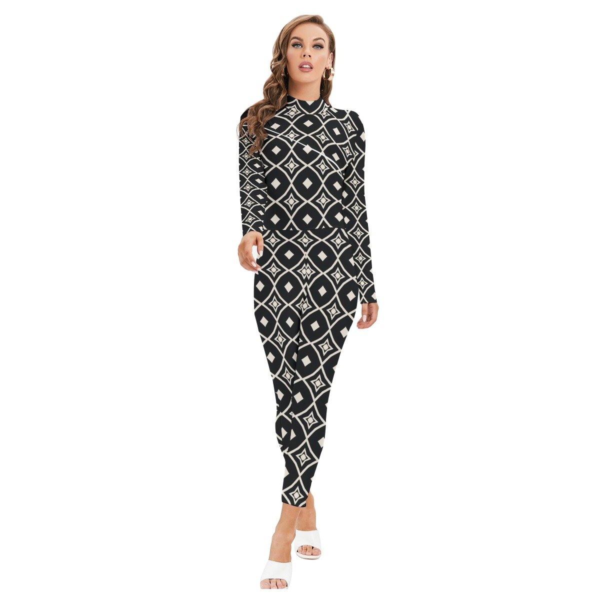Woman wearing the Black & White Diamond Print Long Sleeve High-Neck Jumpsuit by Creamy Cougar