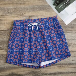 Woman wearing the Blue Coral Kaleidoscope Print Casual Shorts by Creamy Cougar