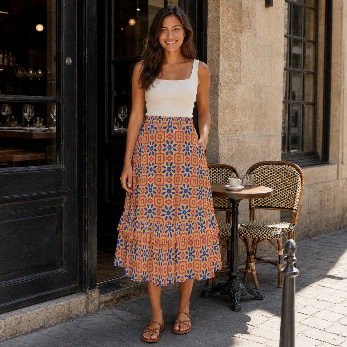 Amber Medallion Print Tiered Ruffle Maxi Skirt by Creamy Cougar, view 2