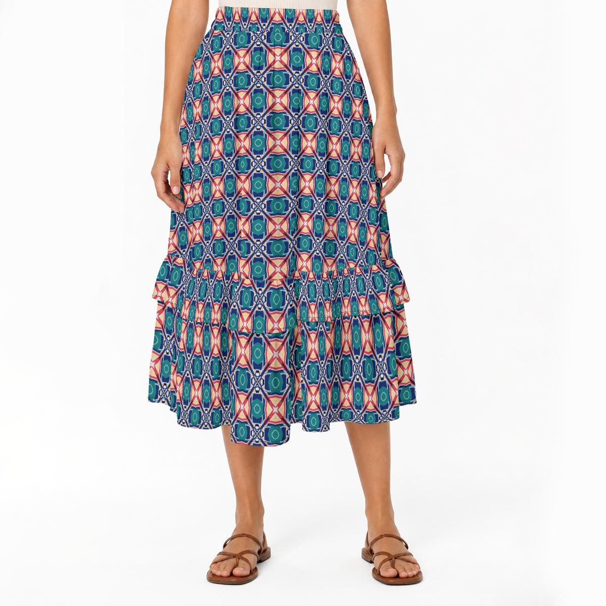 Teal Starburst Print Tiered Ruffle Maxi Skirt by Creamy Cougar, view 2