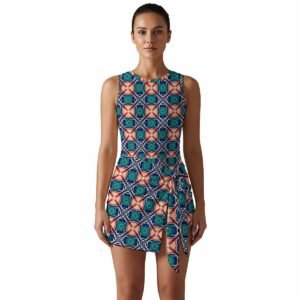 Woman wearing the Coral Teal Floral Tile Print Sleeveless Bodycon Mini Dress by Creamy Cougar
