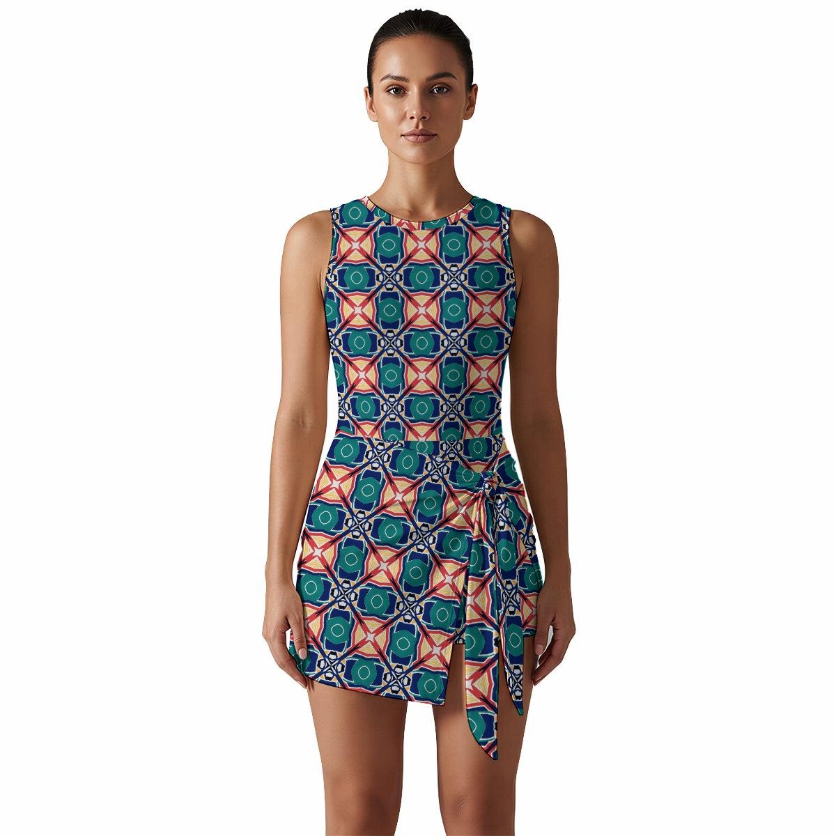 Woman wearing the Coral Teal Floral Tile Print Sleeveless Bodycon Mini Dress by Creamy Cougar