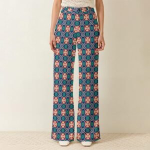 Woman wearing the Slate Coral Medallion Print Wide Leg Pants by Creamy Cougar