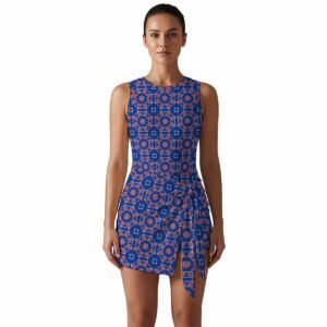 Woman wearing the Cobalt Coral Tile Print Sleeveless Bodycon Mini Dress by Creamy Cougar