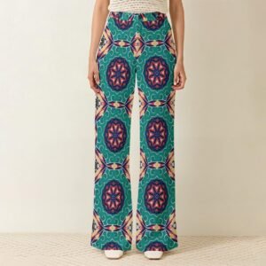 Woman wearing the Emerald Medallion Print Wide Leg Pants by Creamy Cougar