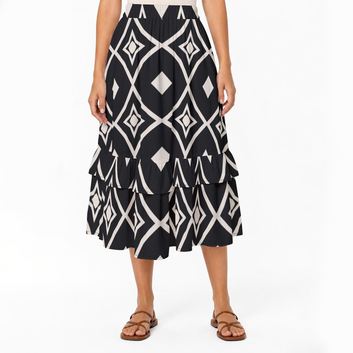 Black & White Ikat Print Tiered Ruffle Maxi Skirt by Creamy Cougar, view 3