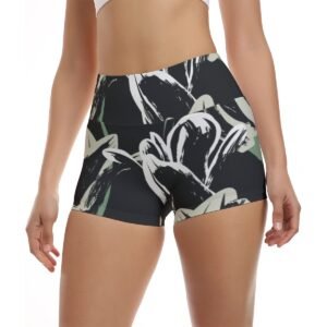 Women's black sage leaf print ultra-short yoga shorts by Creamy Cougar