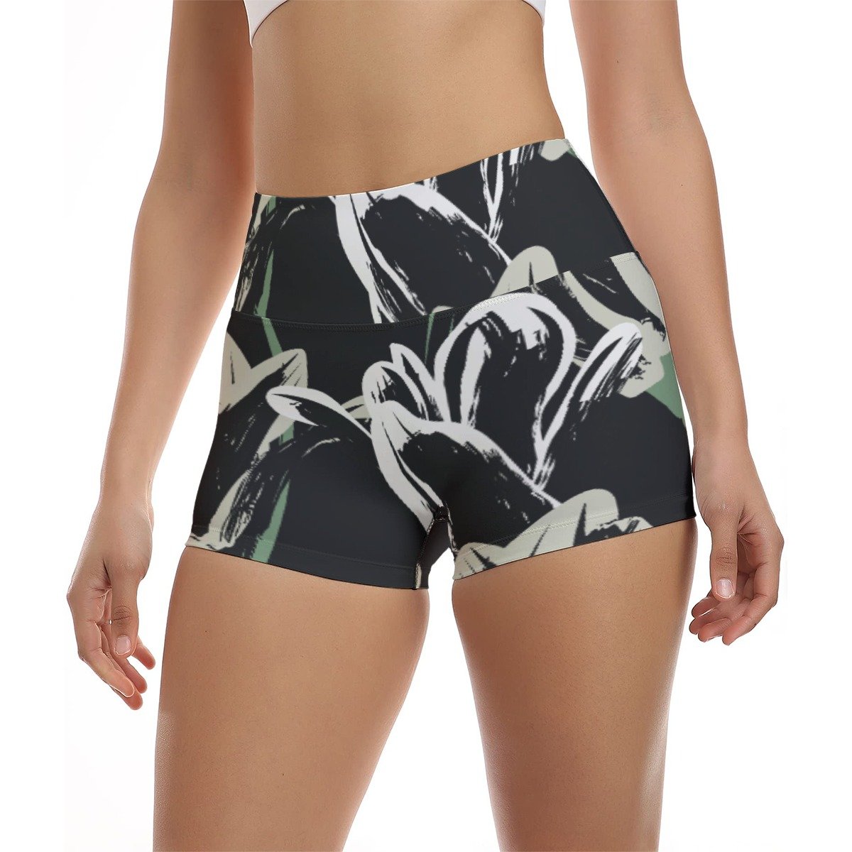 Women's black sage leaf print ultra-short yoga shorts by Creamy Cougar