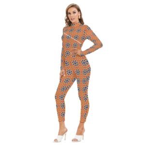 Woman wearing the Amber Kaleidoscope Print Long Sleeve High-Neck Jumpsuit by Creamy Cougar