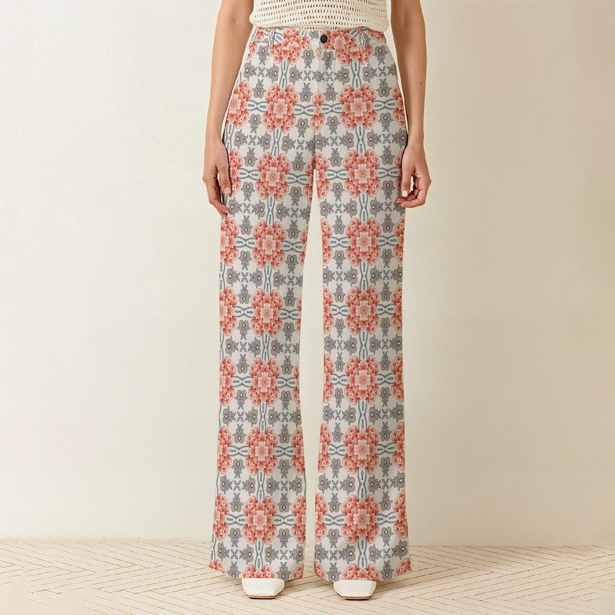 Woman wearing the Blush Tile Print Wide Leg Pants by Creamy Cougar