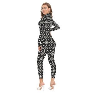 Woman wearing the Black & White Geometric Print Long Sleeve High-Neck Jumpsuit by Creamy Cougar