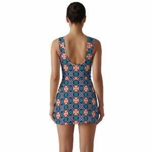 Woman wearing the Teal Coral Medallion Print Sleeveless Bodysuit Dress by Creamy Cougar