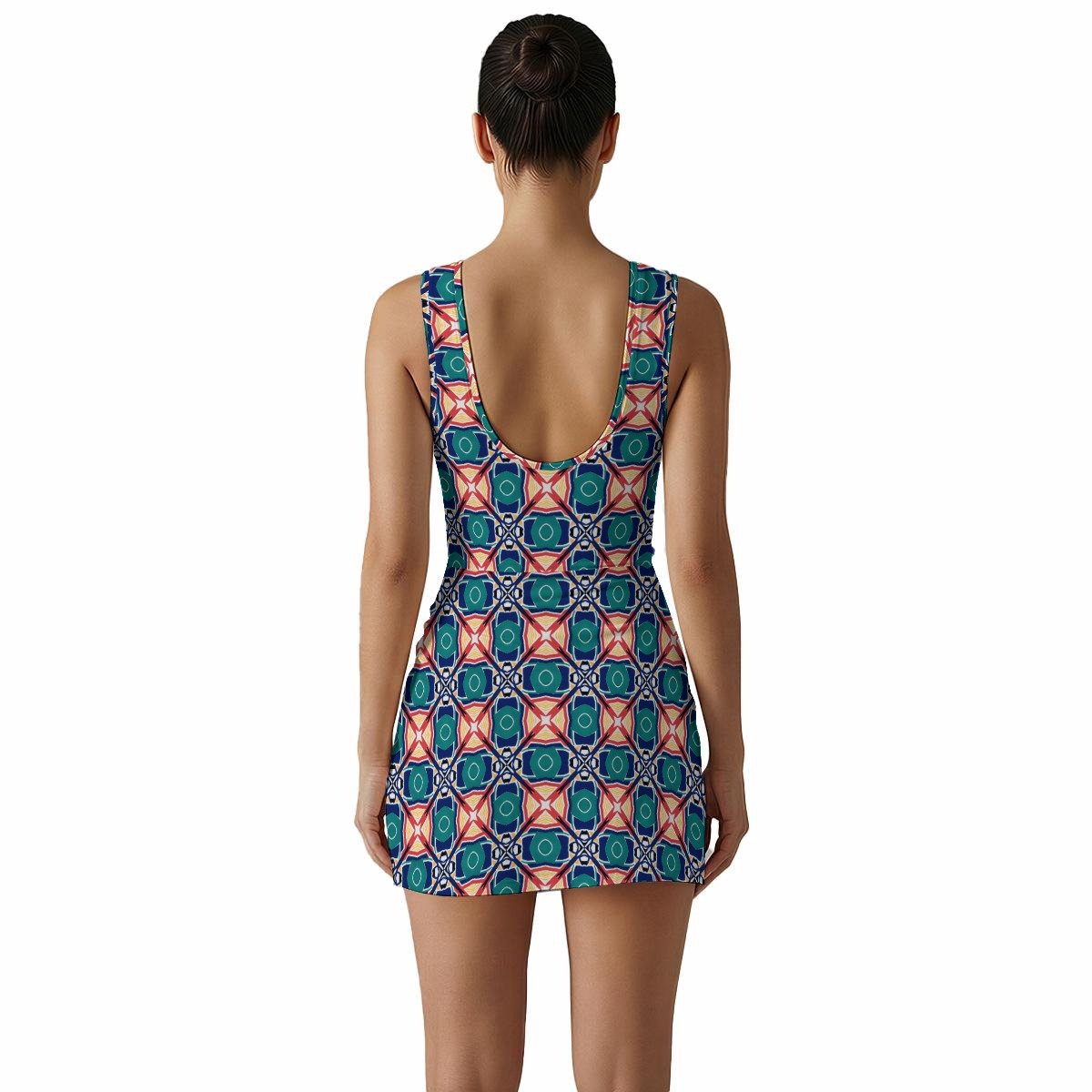 Coral Teal Floral Tile Print Sleeveless Bodycon Mini Dress by Creamy Cougar, view 2