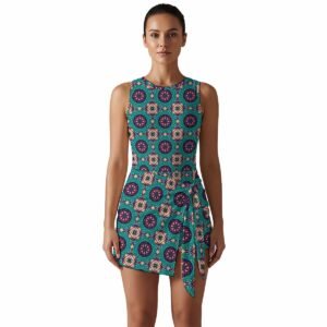 Woman wearing the Emerald Coral Tile Print Sleeveless Bodycon Mini Dress by Creamy Cougar