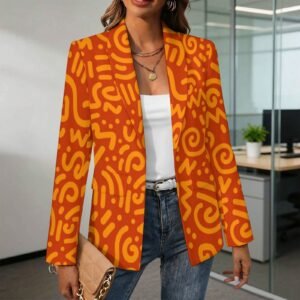 Women’s tangerine squiggle print lapel blazer by Creamy Cougar Women's tangerine squiggle print lapel blazer by Creamy Cougar