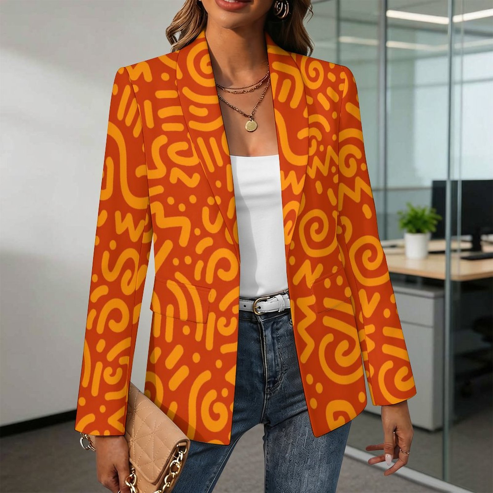 Women's tangerine squiggle print lapel blazer by Creamy Cougar