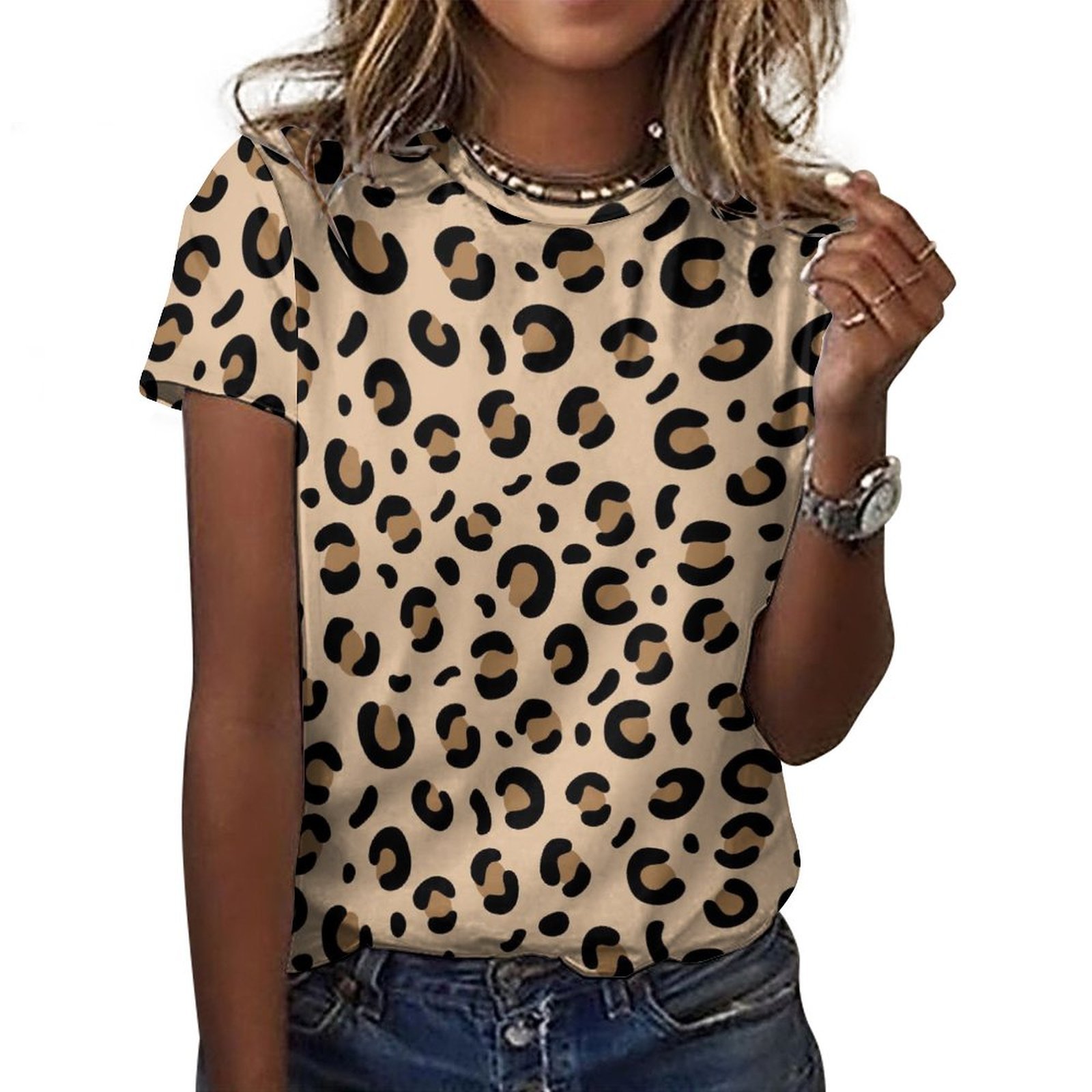 Woman wearing the Caramel Leopard Print Cotton Tee by Creamy Cougar