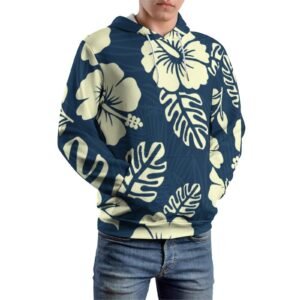 Woman wearing the Navy Hibiscus Print Graphic Hoodie by Creamy Cougar