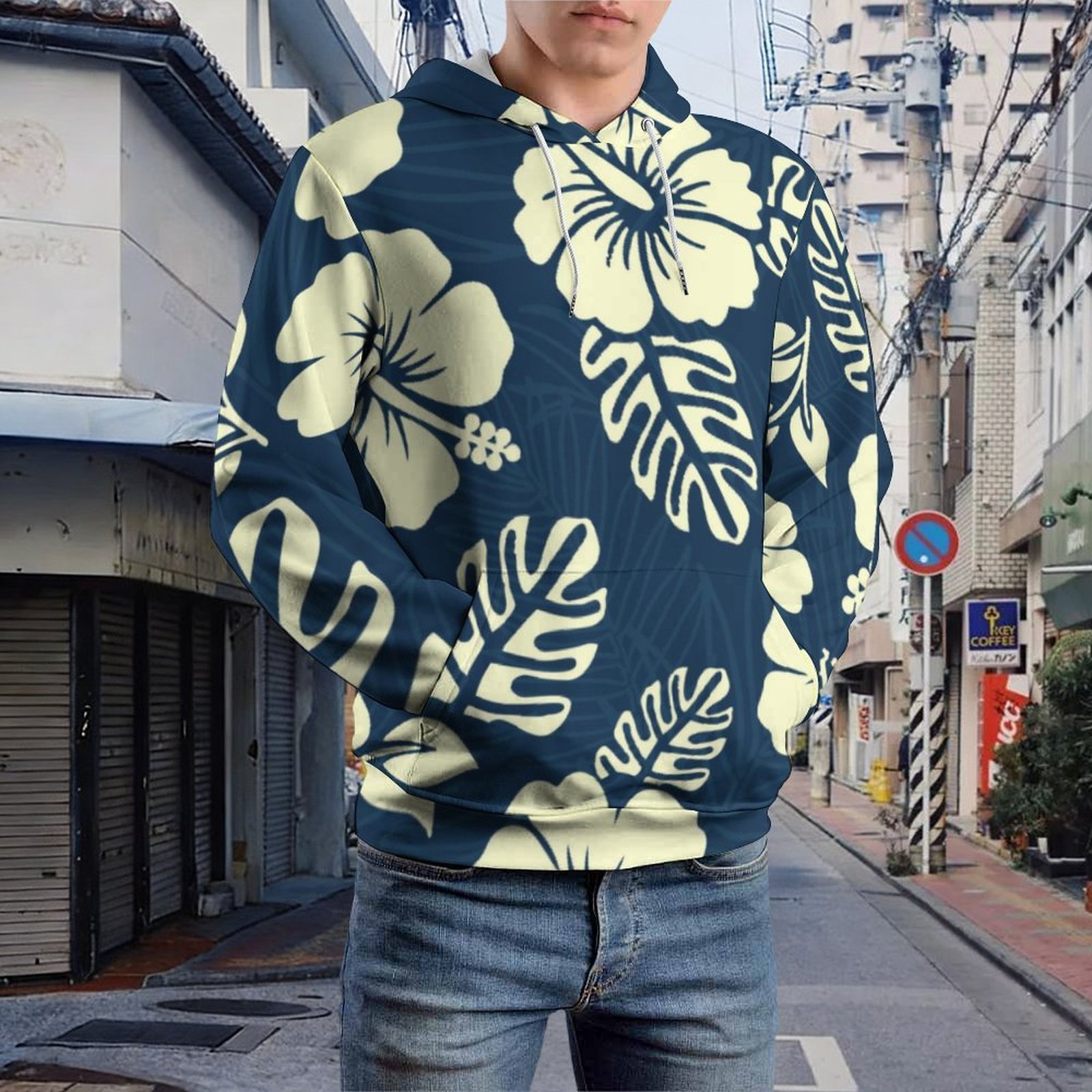 Navy Hibiscus Print Graphic Hoodie – view 7