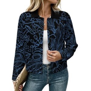 Woman wearing the Navy Ink Floral Print Shirt Jacket by Creamy Cougar