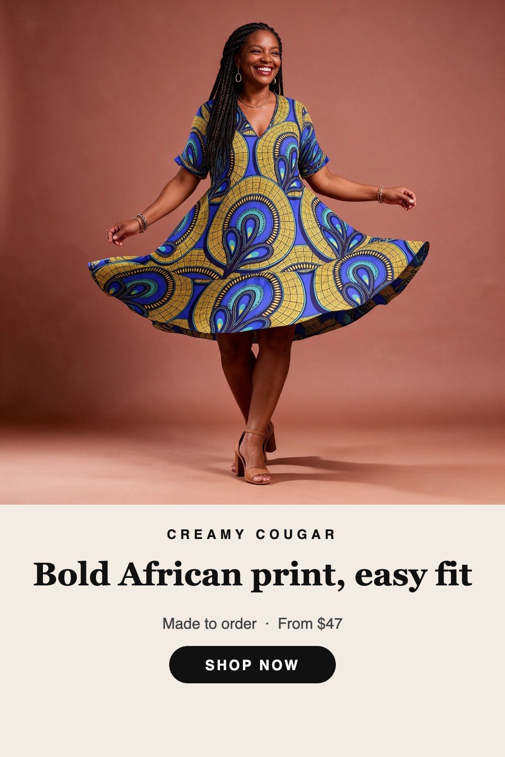Blue & Gold African Print V-Neck A-Line Dress by Creamy Cougar